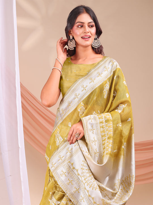 Mustard Linen Cotton Saree With Blouse Piece