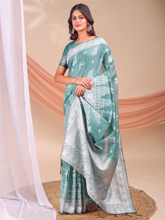 Sea Green Linen Cotton Saree With Blouse Piece