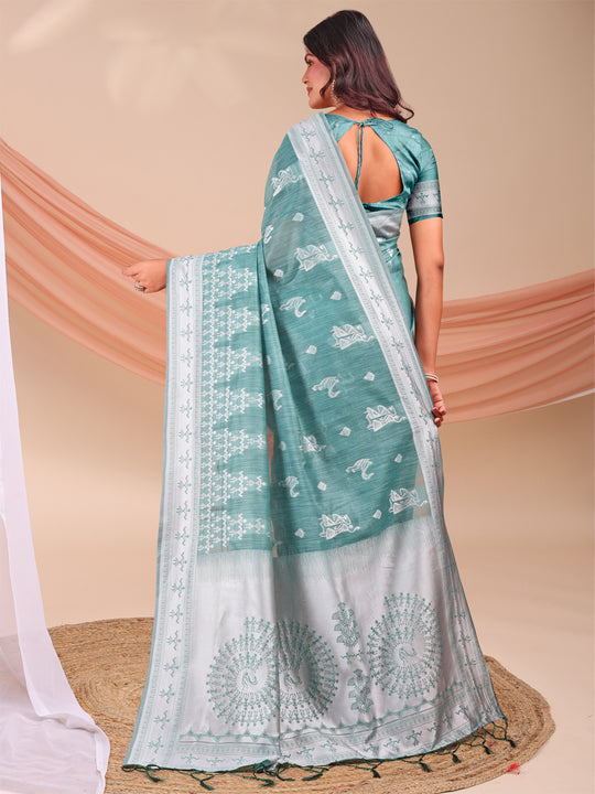Sea Green Linen Cotton Saree With Blouse Piece