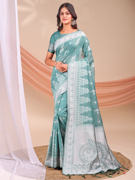 Sea Green Linen Cotton Saree With Blouse Piece