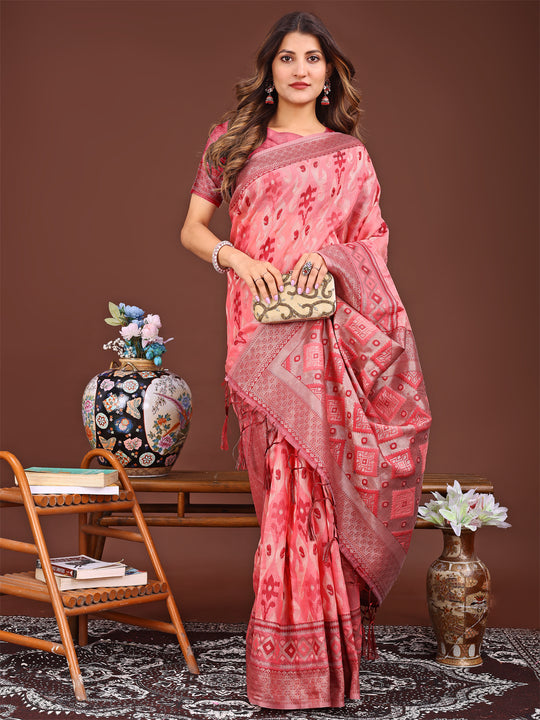 Peach Linen Cotton Saree With Blouse Piece