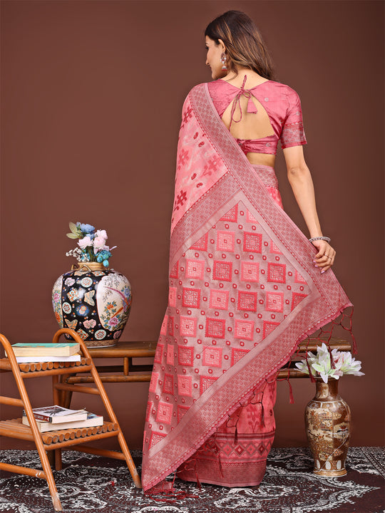 Peach Linen Cotton Saree With Blouse Piece