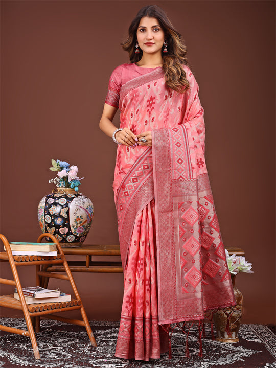Peach Linen Cotton Saree With Blouse Piece