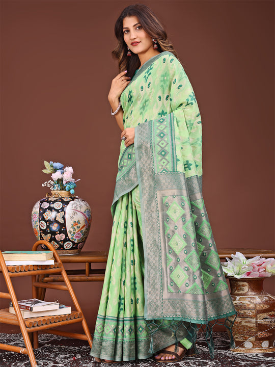 Light Green Linen Cotton Saree With Blouse Piece