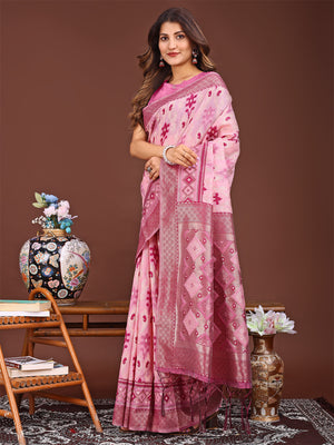 Pink Linen Cotton Saree With Blouse Piece
