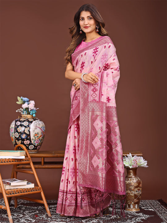 Pink Linen Cotton Saree With Blouse Piece