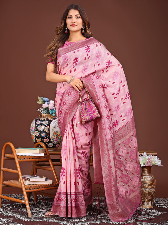 Pink Linen Cotton Saree With Blouse Piece