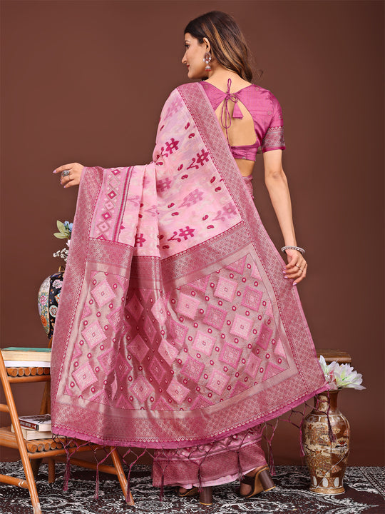 Pink Linen Cotton Saree With Blouse Piece