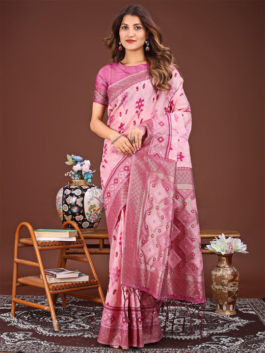 Pink Linen Cotton Saree With Blouse Piece