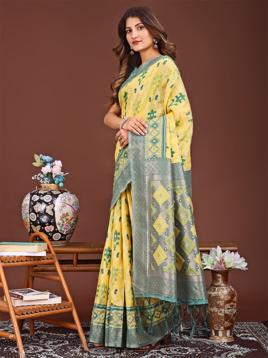 Yellow Linen Cotton Saree With Blouse Piece