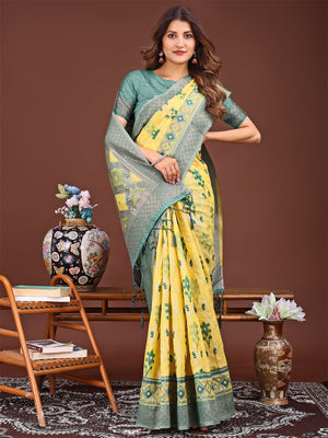 Yellow Linen Cotton Saree With Blouse Piece