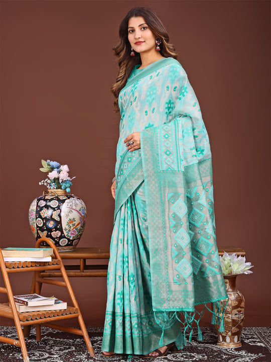 Sea Green Linen Cotton Saree With Blouse Piece