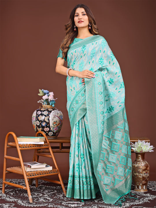 Sea Green Linen Cotton Saree With Blouse Piece