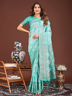 Sea Green Linen Cotton Saree With Blouse Piece