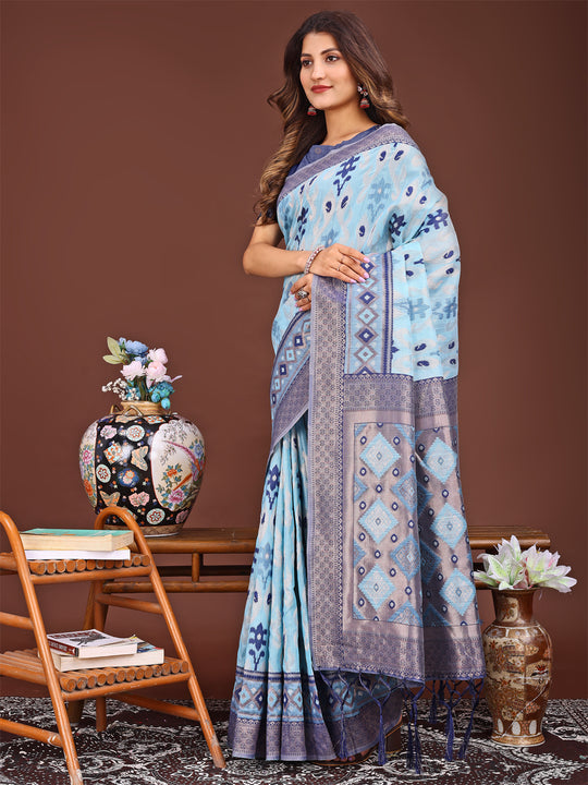 Sky Blue Linen Cotton Saree With Blouse Piece