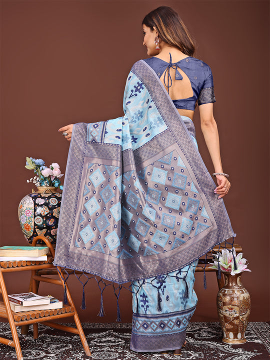 Sky Blue Linen Cotton Saree With Blouse Piece