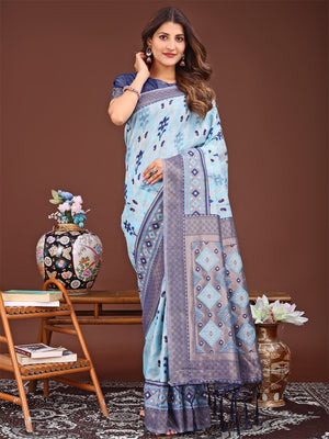 Sky Blue Linen Cotton Saree With Blouse Piece