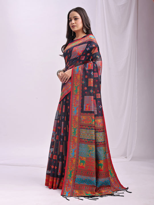 Navy Blue Linen Cotton Saree With Blouse Piece