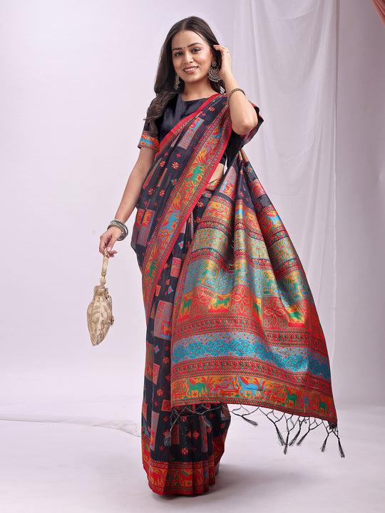 Navy Blue Linen Cotton Saree With Blouse Piece