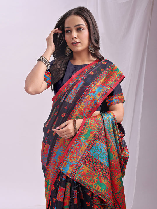 Navy Blue Linen Cotton Saree With Blouse Piece