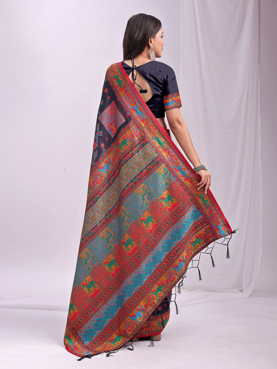 Navy Blue Linen Cotton Saree With Blouse Piece