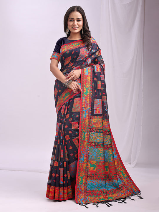 Navy Blue Linen Cotton Saree With Blouse Piece