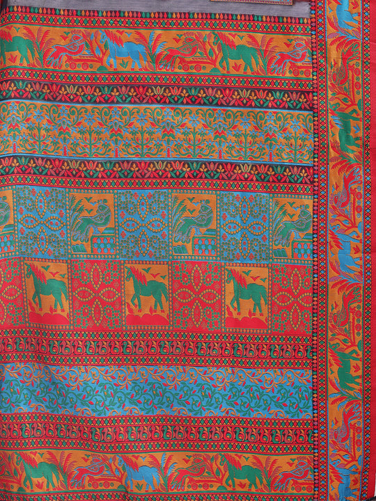 Navy Blue Linen Cotton Saree With Blouse Piece