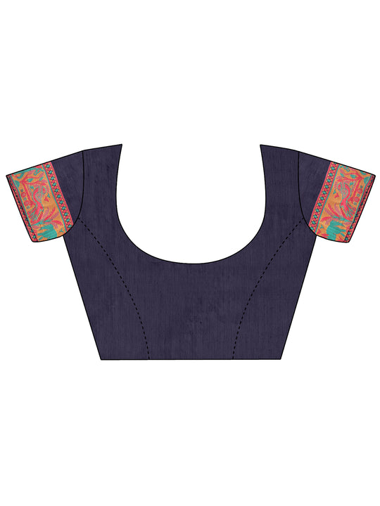 Navy Blue Linen Cotton Saree With Blouse Piece