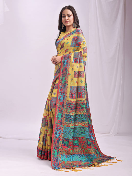 Yellow Linen Cotton Saree With Blouse Piece