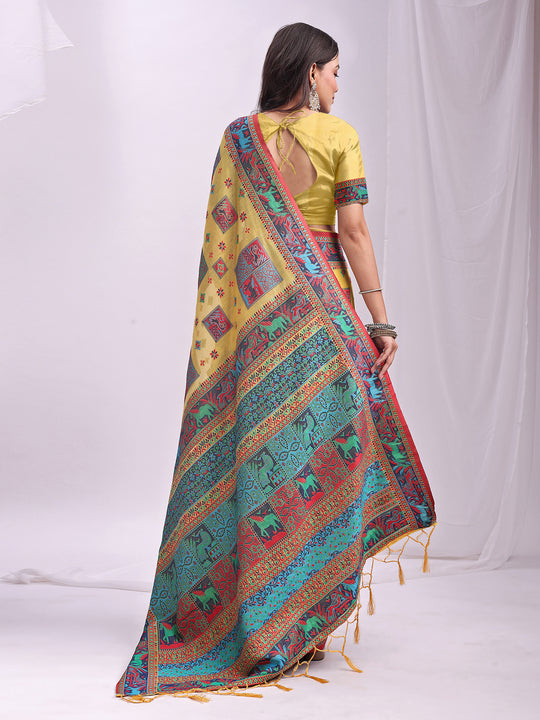 Yellow Linen Cotton Saree With Blouse Piece