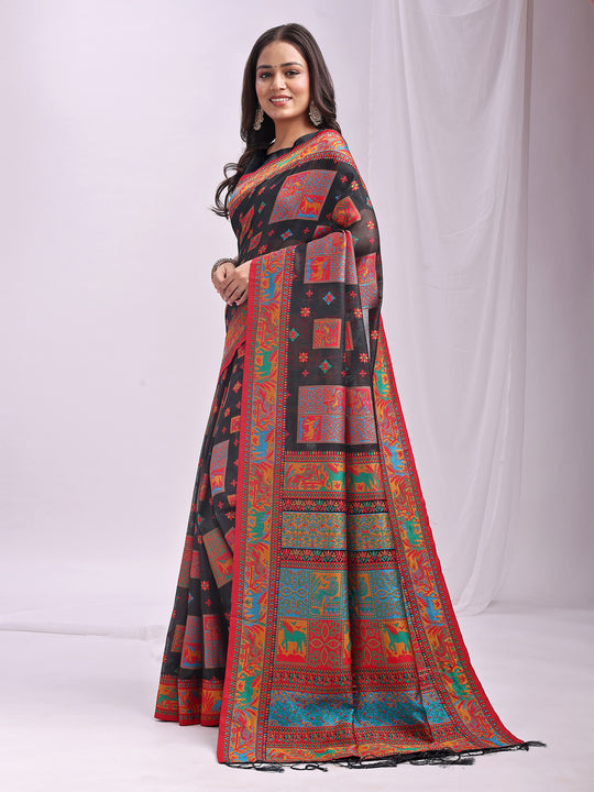 Black Linen Cotton Saree With Blouse Piece