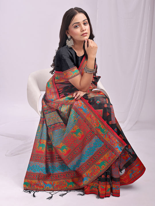 Black Linen Cotton Saree With Blouse Piece