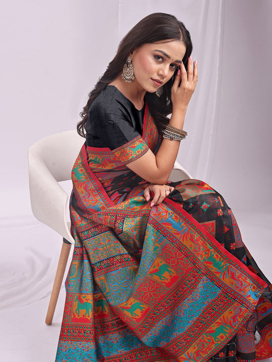 Black Linen Cotton Saree With Blouse Piece