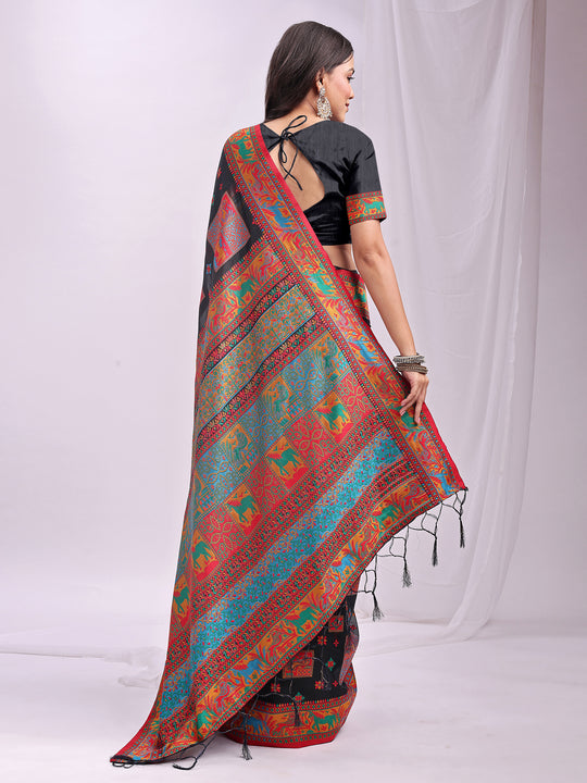 Black Linen Cotton Saree With Blouse Piece
