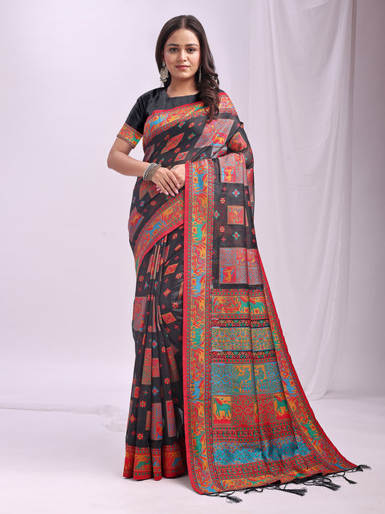 Black Linen Cotton Saree With Blouse Piece