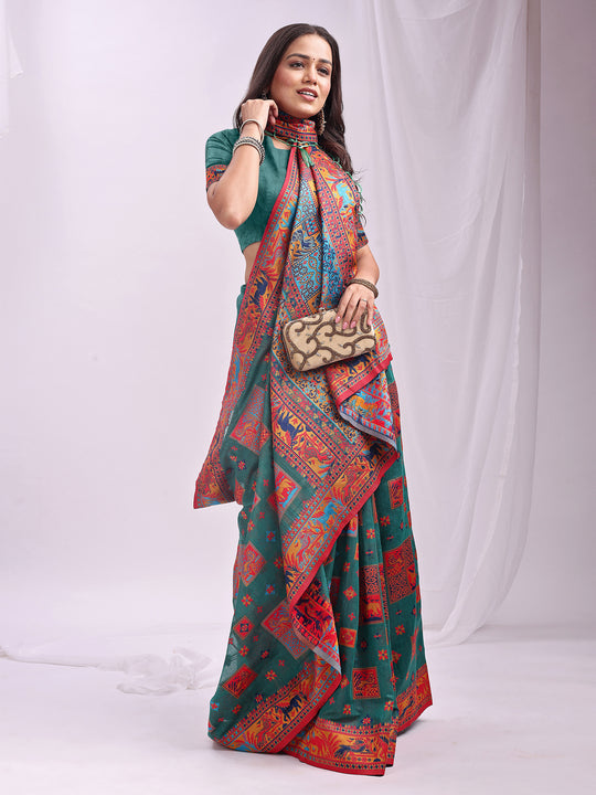 Rama Green Linen Cotton Saree With Blouse Piece