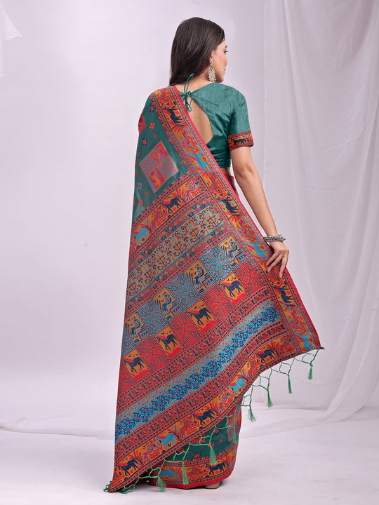 Rama Green Linen Cotton Saree With Blouse Piece