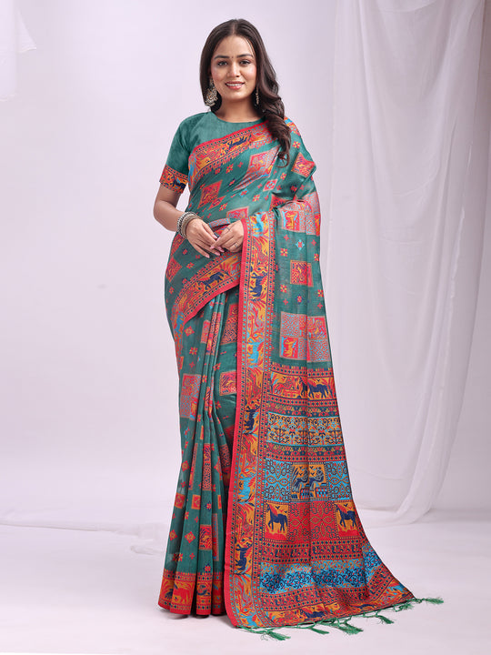 Rama Green Linen Cotton Saree With Blouse Piece