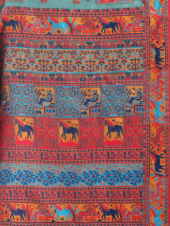 Rama Green Linen Cotton Saree With Blouse Piece