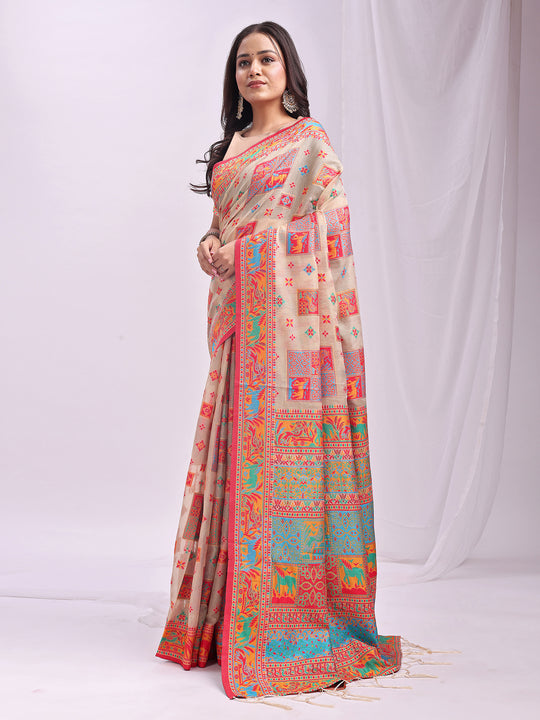 Off White Linen Cotton Saree With Blouse Piece