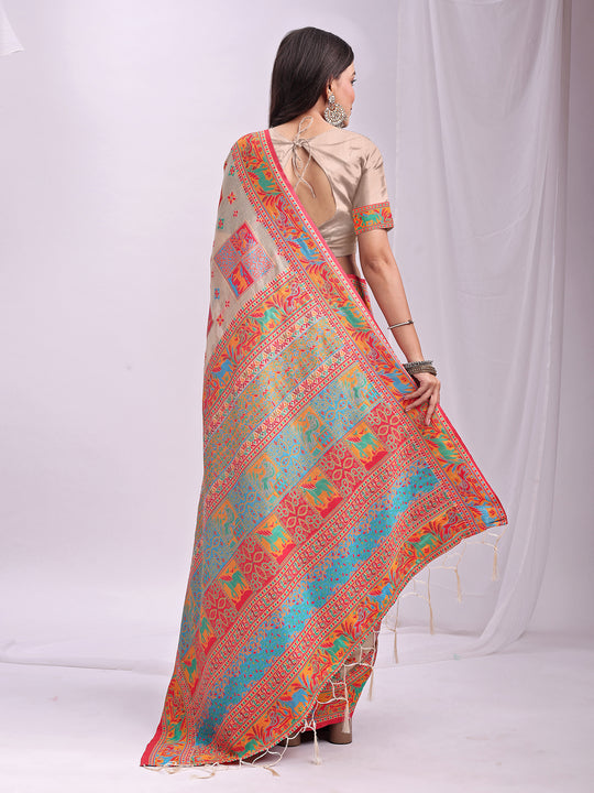 Off White Linen Cotton Saree With Blouse Piece