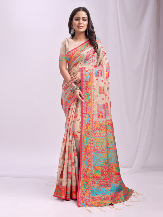 Off White Linen Cotton Saree With Blouse Piece