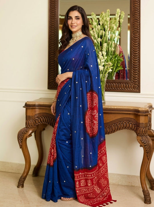 Printed Bandhani Ajrak Mirrorwork Saree