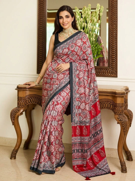 Printed Bandhani Ajrak Mirrorwork Saree