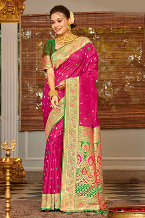 Magenta Banarasi Silk Saree With Blouse