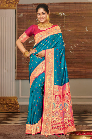 Blue Banarasi Silk Saree With Blouse