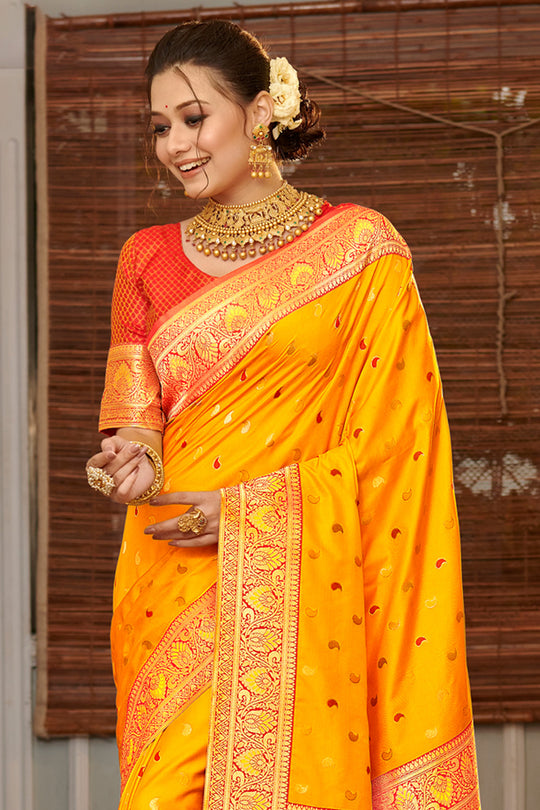 Yellow Banarasi Silk Saree With Blouse
