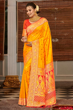 Yellow Banarasi Silk Saree With Blouse