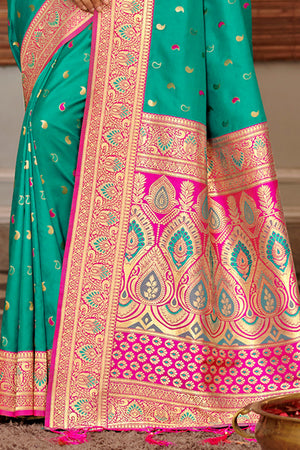 Sea Green Banarasi Silk Saree With Blouse