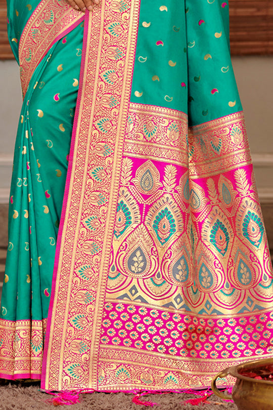 Sea Green Banarasi Silk Saree With Blouse